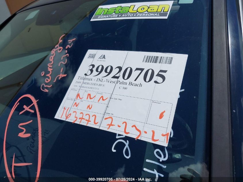 2009 Mercedes-Benz C 300 VIN: WDDGF81X29F257233 Lot: 39920705