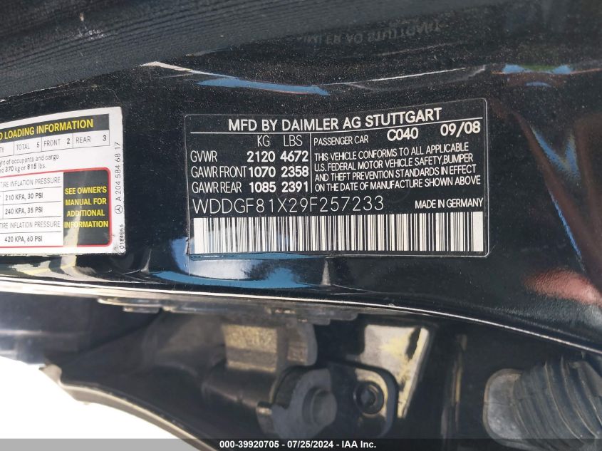 2009 Mercedes-Benz C 300 VIN: WDDGF81X29F257233 Lot: 39920705