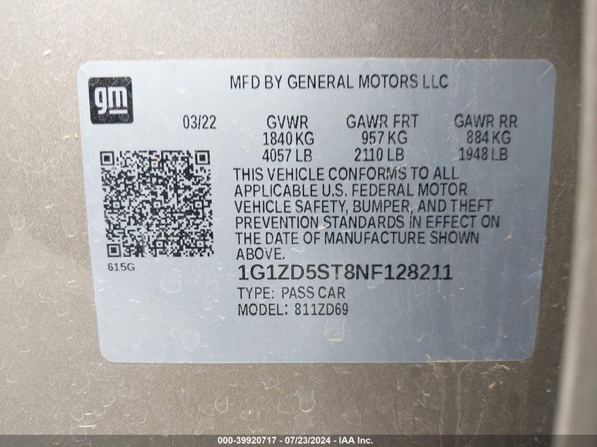 2022 Chevrolet Malibu Lt VIN: 1G1ZD5ST8NF128211 Lot: 39920717