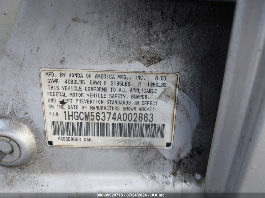2004 Honda Accord 2.4 Lx VIN: 1HGCM56374A002863 Lot: 39920718