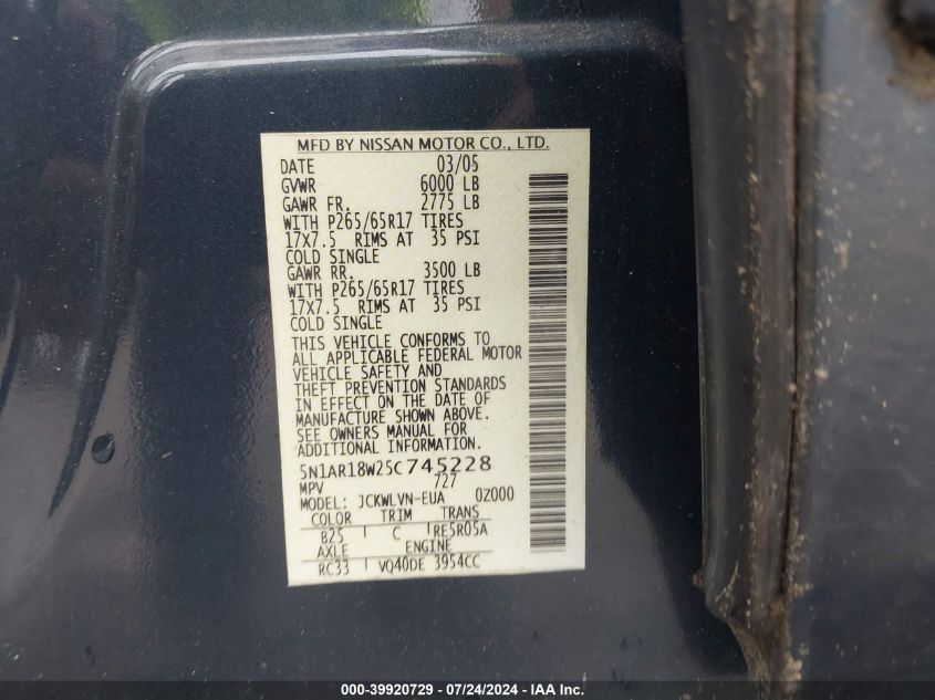 2005 Nissan Pathfinder Le/Se/Xe VIN: 5N1AR18W25C745228 Lot: 39920729