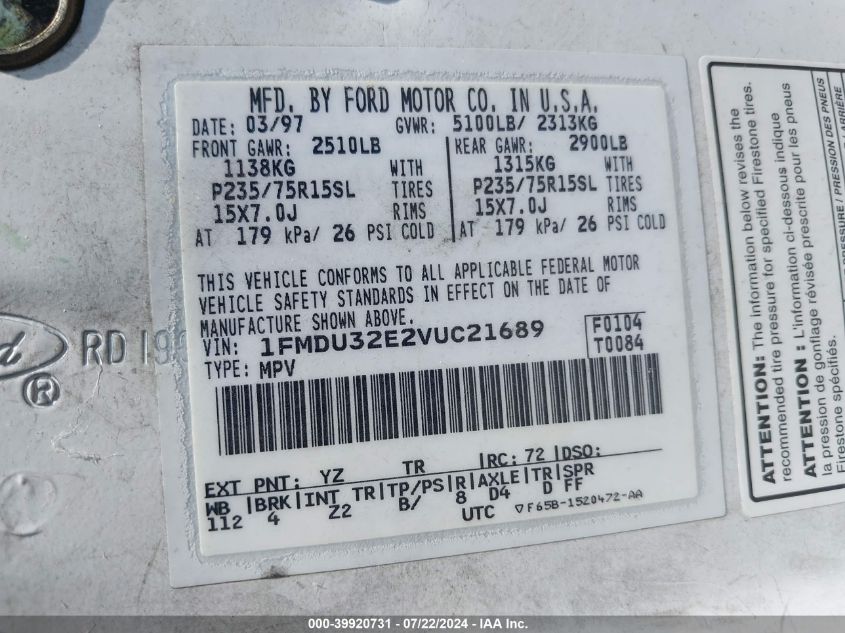 1997 Ford Explorer Eddie Bauer/Limited/Xl/Xlt VIN: 1FMDU32E2VUC21689 Lot: 39920731