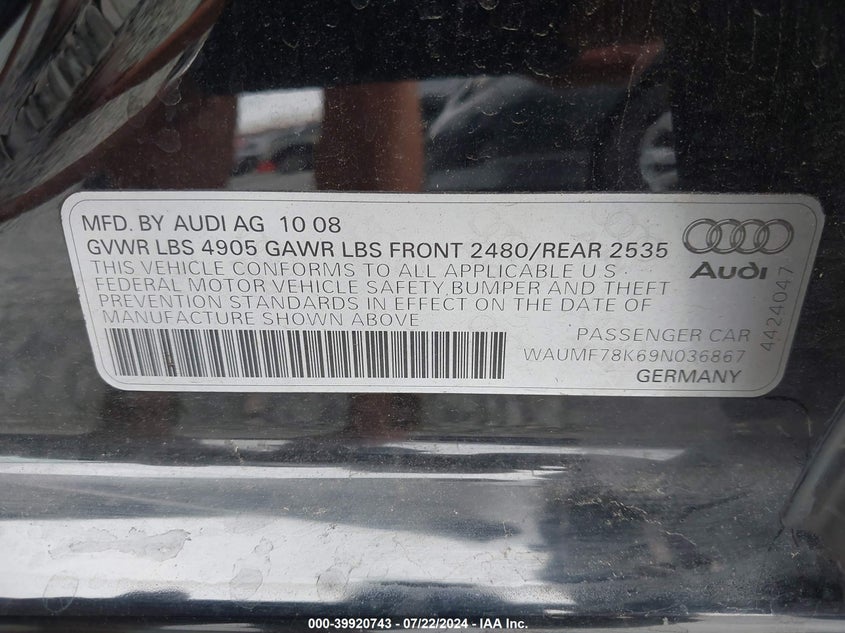 2009 Audi A4 2.0T Premium VIN: WAUMF78K69N036867 Lot: 39920743