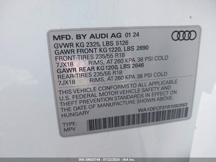 WA1DECF31R1092663 2024 Audi Q3 Premium 45 Tfsi S Line Quattro Tiptronic