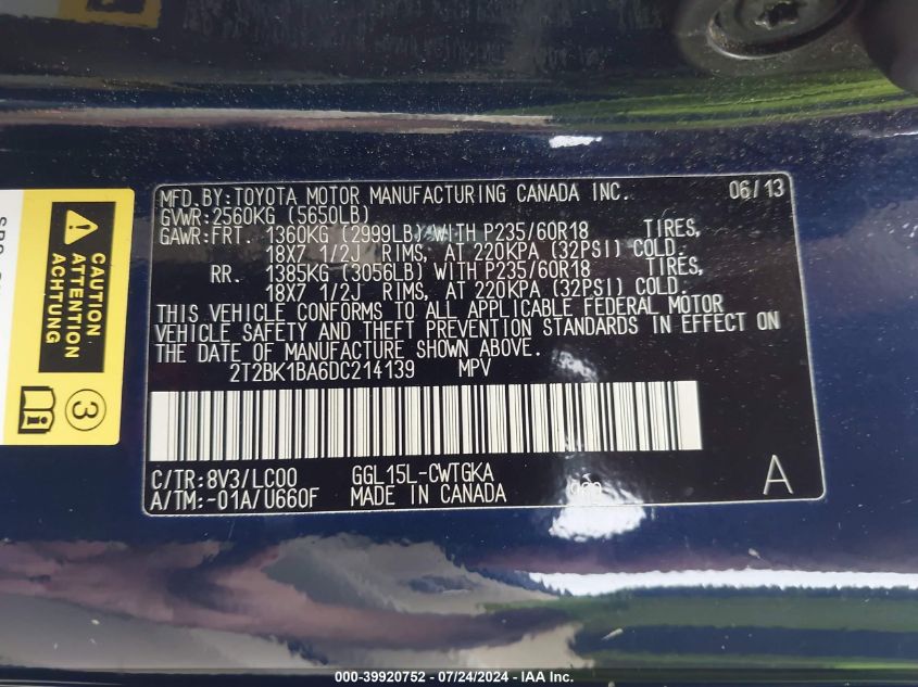 2013 Lexus Rx 350 VIN: 2T2BK1BA6DC214139 Lot: 39920752