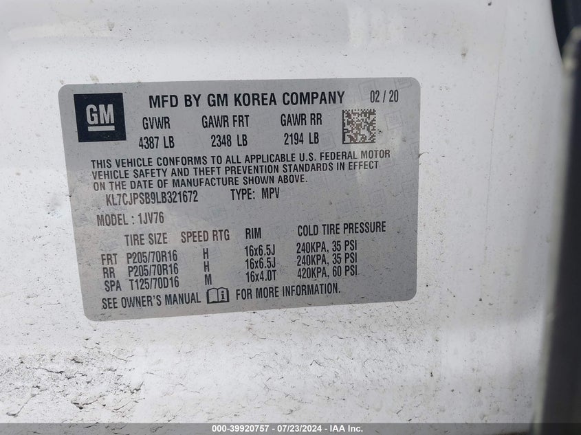 2020 CHEVROLET TRAX AWD LT - KL7CJPSB9LB321672