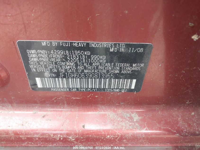 2009 Subaru Impreza 2.5I VIN: JF1GH60639G813955 Lot: 39920764
