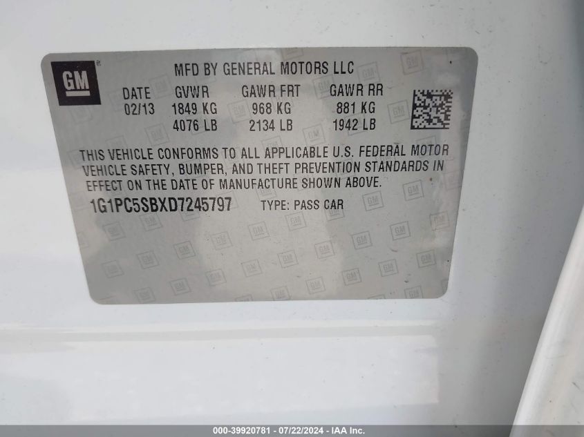 2013 Chevrolet Cruze 1Lt Auto VIN: 1G1PC5SBXD7245797 Lot: 39920781