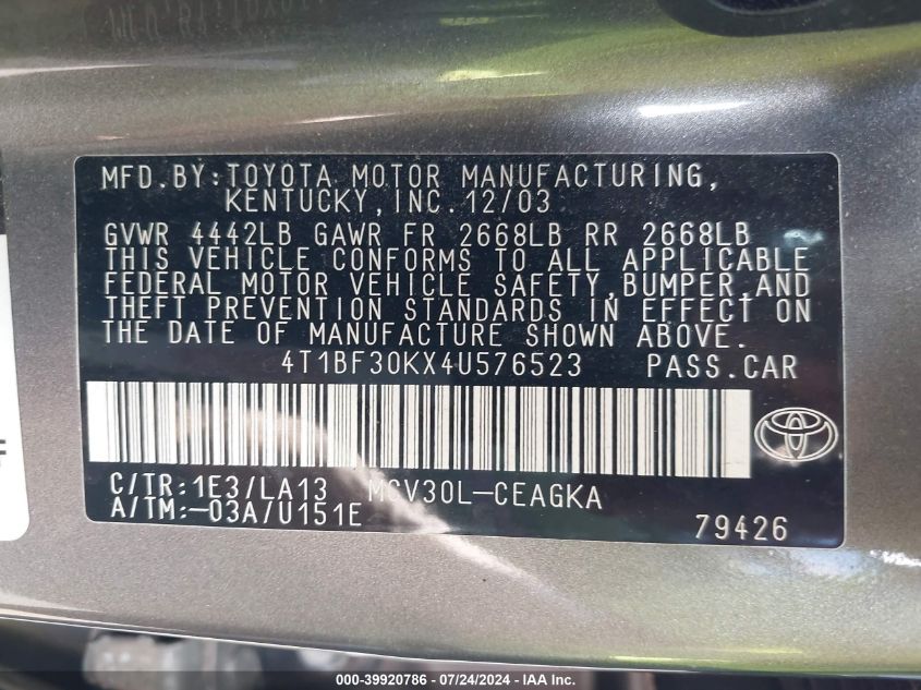 2004 Toyota Camry Xle V6 VIN: 4T1BF30KX4U576523 Lot: 39920786