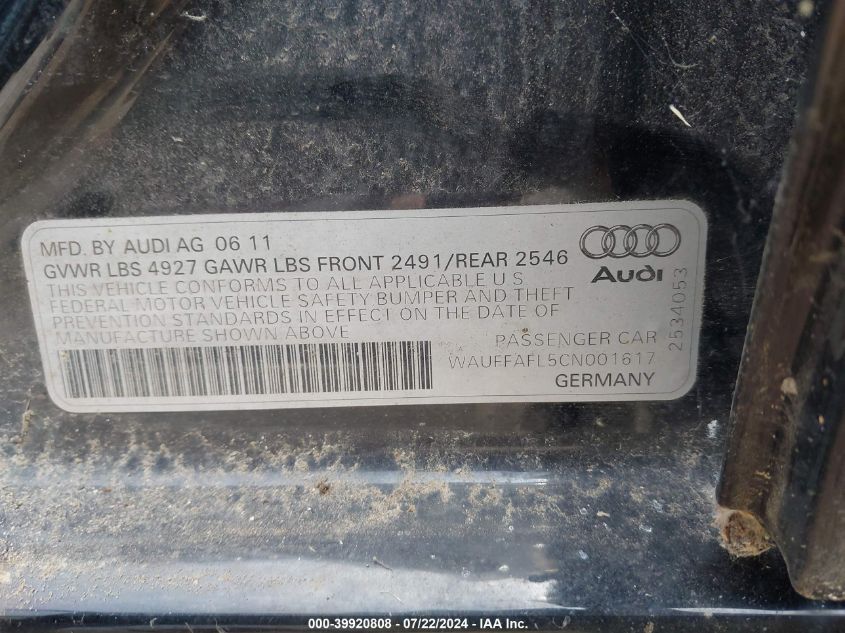 2012 Audi A4 2.0T Premium VIN: WAUFFAFL5CN001617 Lot: 39920808