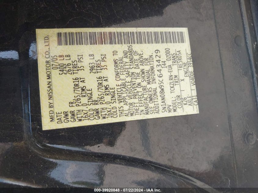 2005 Nissan Xterra S VIN: 5N1AN08W95C643429 Lot: 39920848