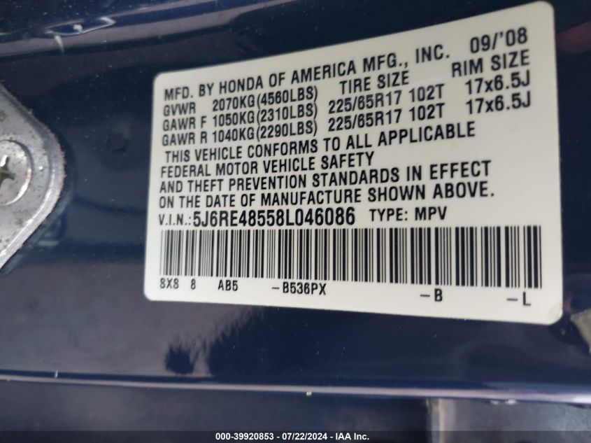 2008 Honda Cr-V Ex VIN: 5J6RE48558L046086 Lot: 39920853