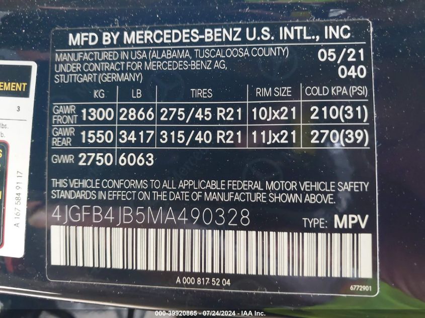 2021 Mercedes-Benz Gle 350 VIN: 4JGFB4JB5MA490328 Lot: 39920865