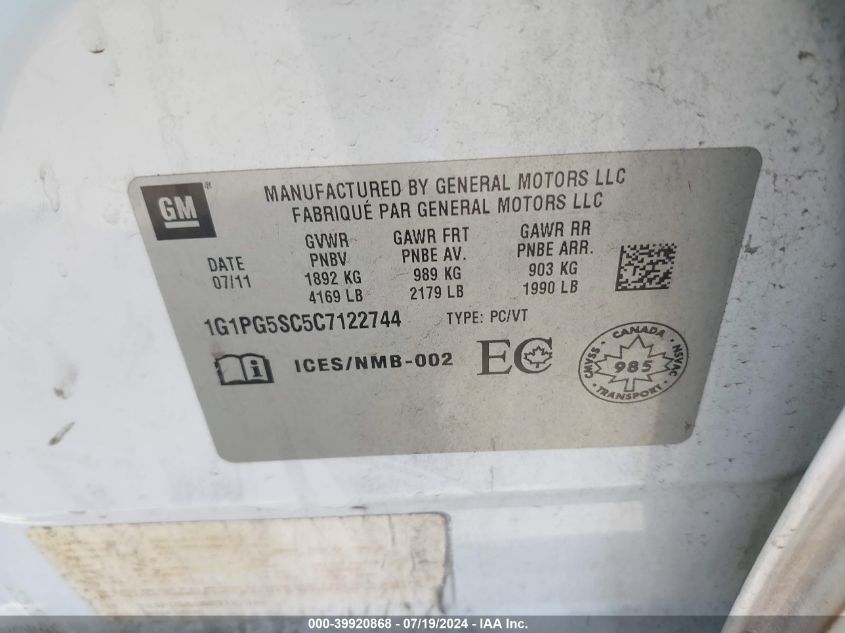 2012 Chevrolet Cruze 2Lt VIN: 1G1PG5SC5C7122744 Lot: 39920868