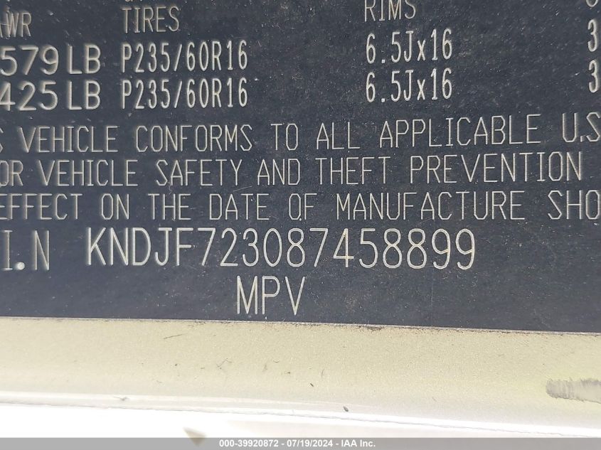 2008 Kia Sportage Lx V6 VIN: KNDJF723087458899 Lot: 39920872