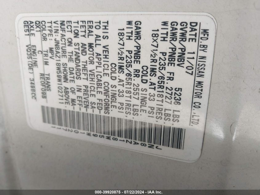 2009 Nissan Murano Sl VIN: JN8AZ18W59W102711 Lot: 39920875