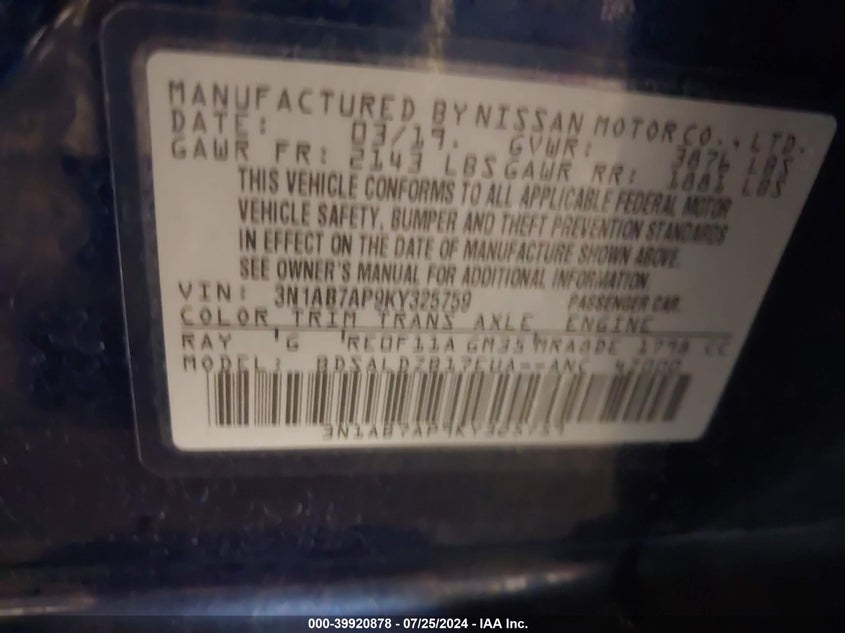 VIN 3N1AB7AP9KY325759 2019 NISSAN SENTRA SV