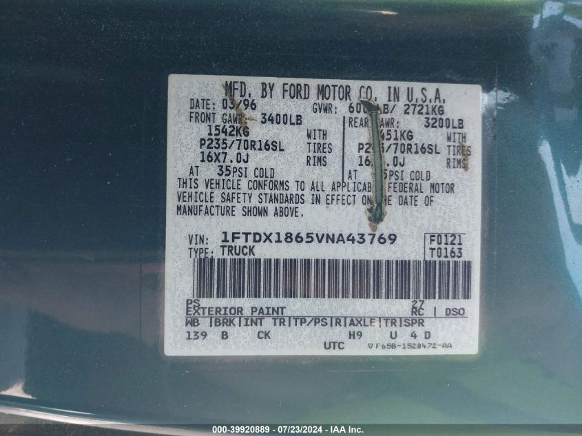 1997 Ford F150 VIN: 1FTDX1865VNA43769 Lot: 39920889