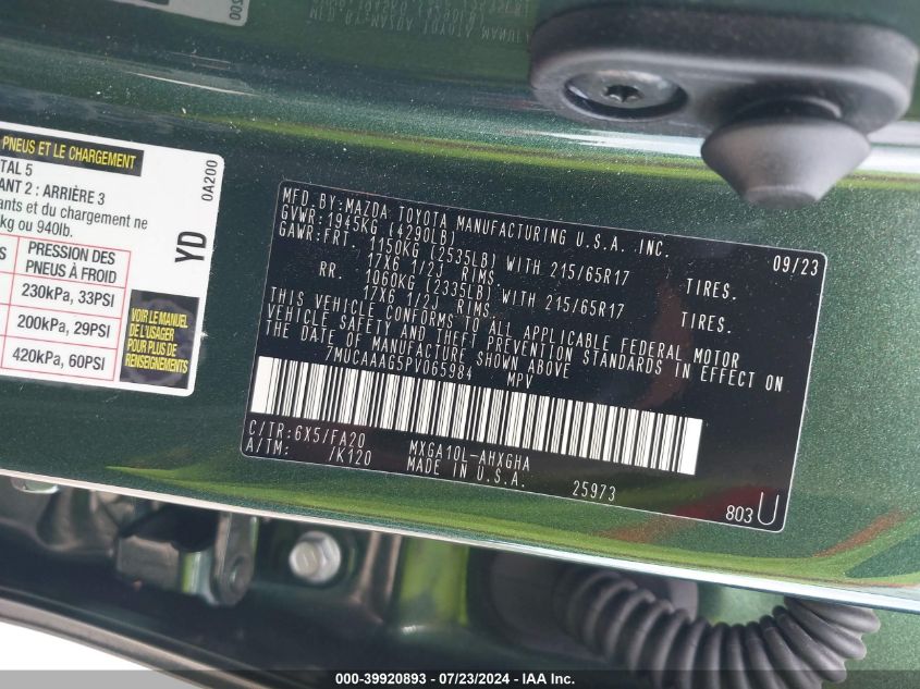 2023 Toyota Corolla Cross Le VIN: 7MUCAAAG5PV065984 Lot: 39920893