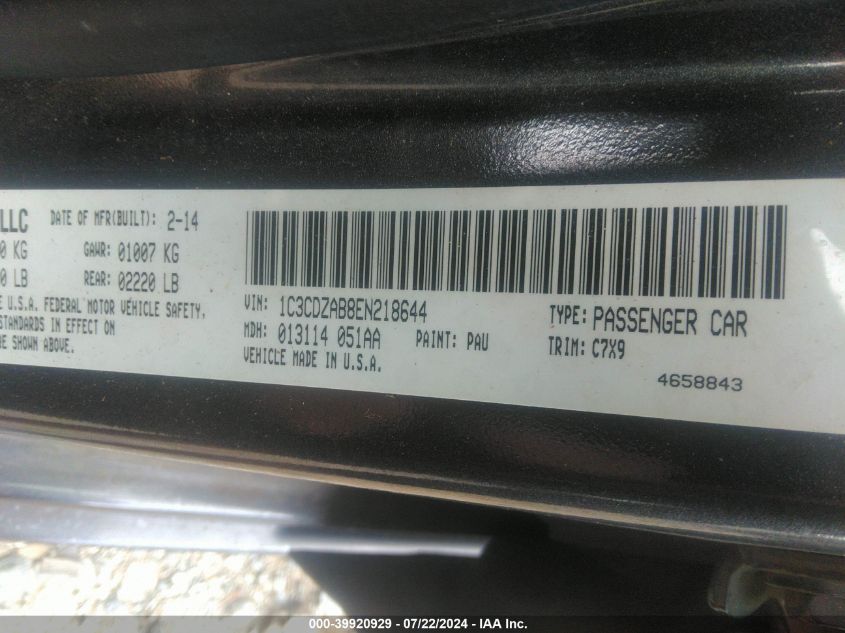 2014 Dodge Avenger Se VIN: 1C3CDZAB8EN218644 Lot: 39920929