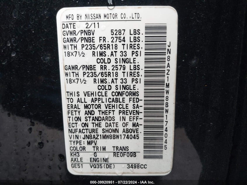 2011 Nissan Murano Sl VIN: JN8AZ1MW8BW174045 Lot: 39920951