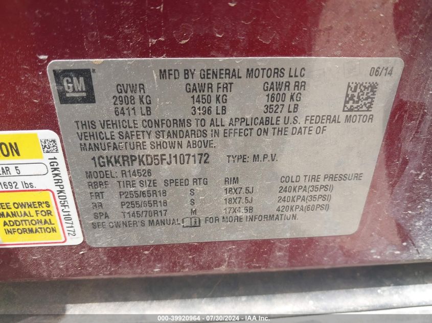 1GKKRPKD5FJ107172 2015 GMC Acadia Sle-2