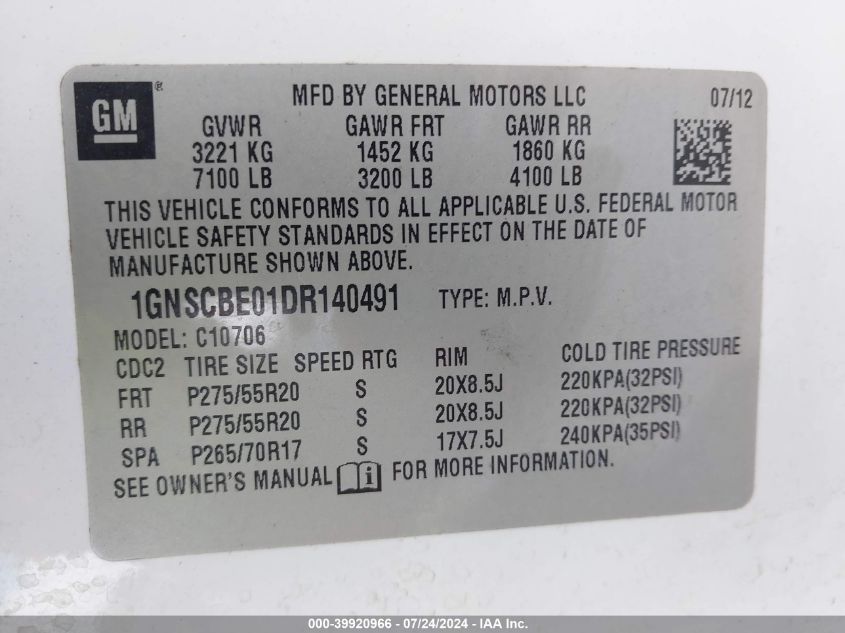 2013 Chevrolet Tahoe C1500 Lt VIN: 1GNSCBE01DR140491 Lot: 39920966