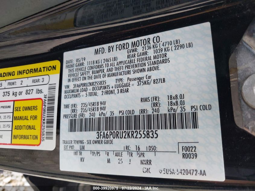 2019 Ford Fusion Hybrid Titanium VIN: 3FA6P0RU2KR255835 Lot: 39920975