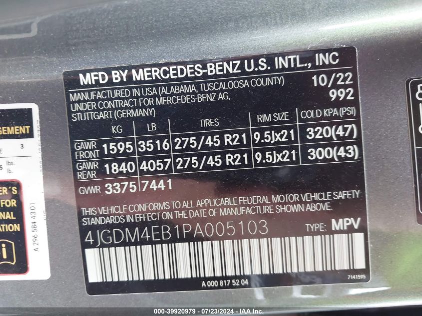 4JGDM4EB1PA005103 2023 Mercedes-Benz Eqs Suv 580 4Matic