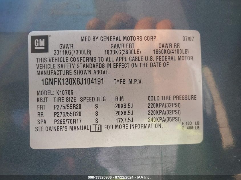 2008 Chevrolet Tahoe Ltz VIN: 1GNFK130X8J104191 Lot: 39920986