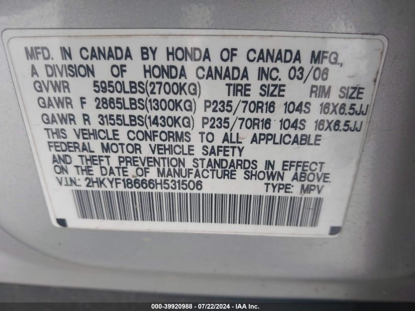 2006 Honda Pilot Ex-L VIN: 2HKYF18666H531506 Lot: 39920988