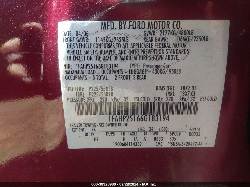 1FAHP25166G183194 2006 Ford Five Hundred Limited