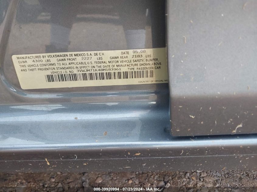 2008 Volkswagen Jetta S VIN: 3VWJM71K48M183961 Lot: 39920994