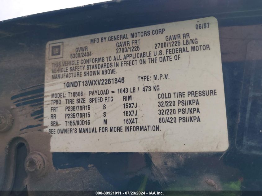 1997 Chevrolet Blazer VIN: 1GNDT13WXV2261346 Lot: 39921011