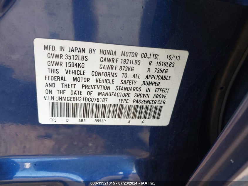 2013 Honda Fit VIN: JHMGE8H31DC078187 Lot: 39921015