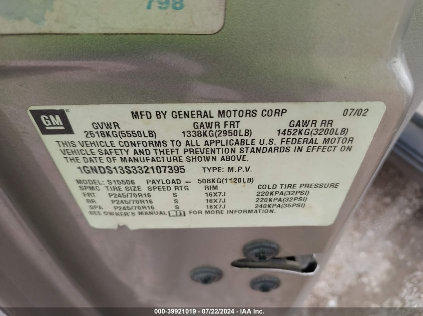 2003 Chevrolet Trailblazer Ls VIN: 1GNDS13S332107395 Lot: 39921019