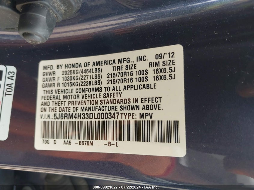 2013 Honda Cr-V Lx VIN: 5J6RM4H33DL000347 Lot: 39921027