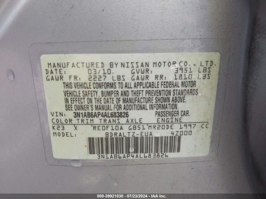 2010 Nissan Sentra 2.0S VIN: 3N1AB6AP4AL683826 Lot: 39921030