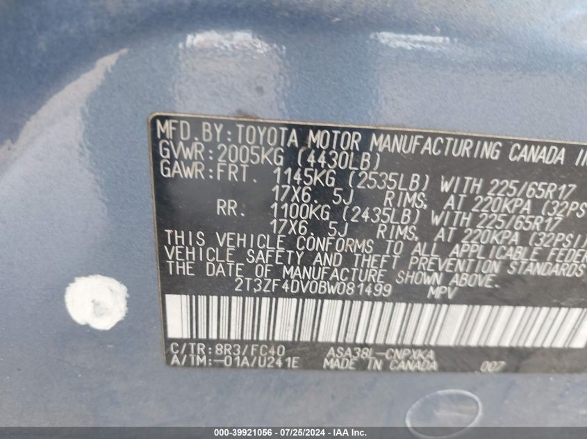 2011 Toyota Rav4 VIN: 2T3ZF4DV0BW081499 Lot: 39921056