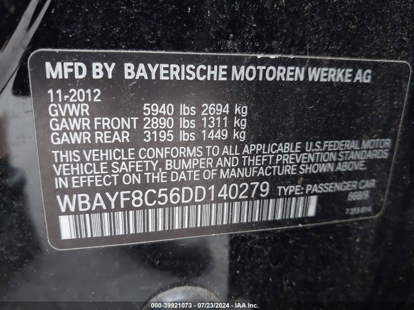 2013 BMW 750Li xDrive VIN: WBAYF8C56DD140279 Lot: 39921073