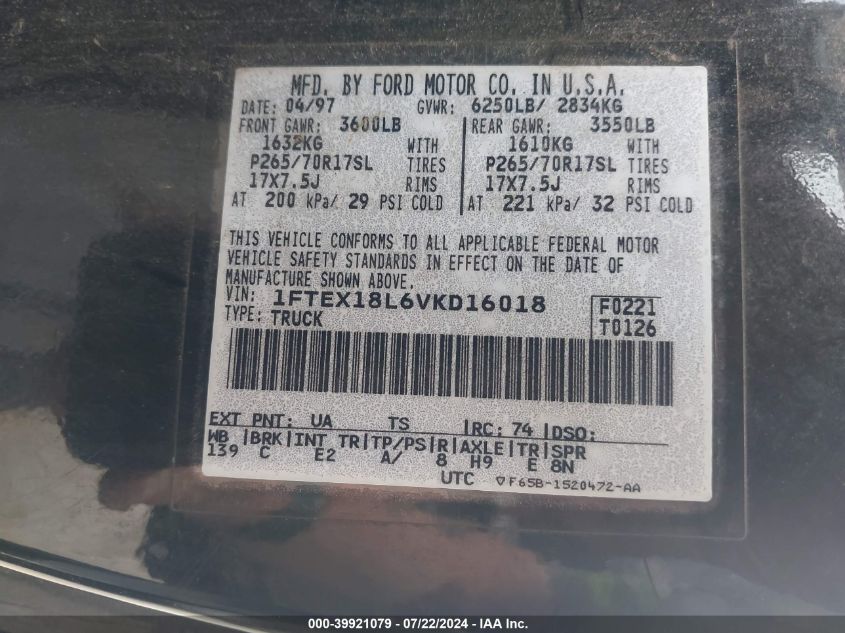 1997 Ford F-150 Lariat/Xl/Xlt VIN: 1FTEX18L6VKD16018 Lot: 39921079
