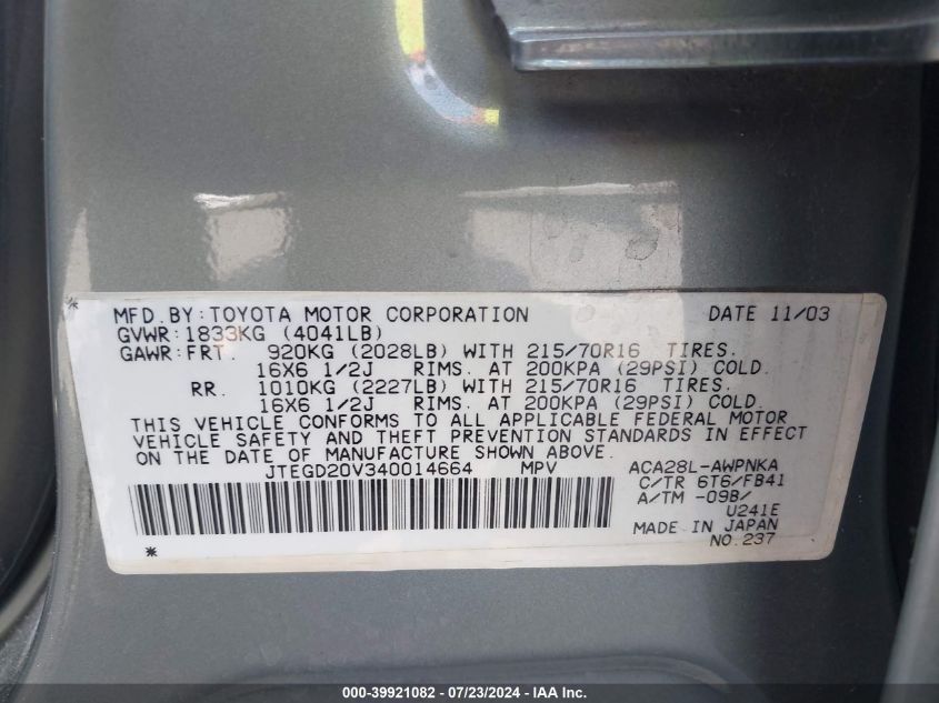 2004 Toyota Rav4 VIN: JTEGD20V340014664 Lot: 39921082