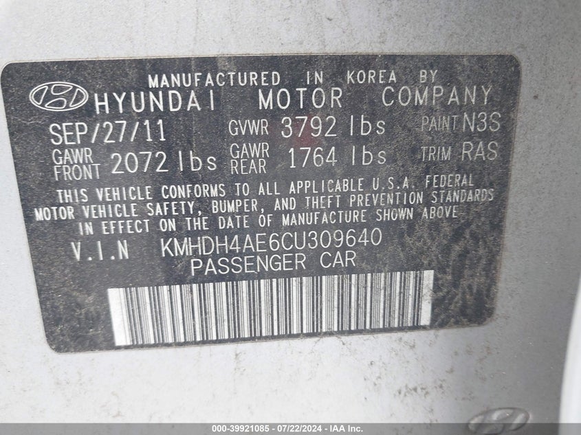 2012 Hyundai Elantra Gls (Ulsan Plant) VIN: KMHDH4AE6CU309640 Lot: 39921085