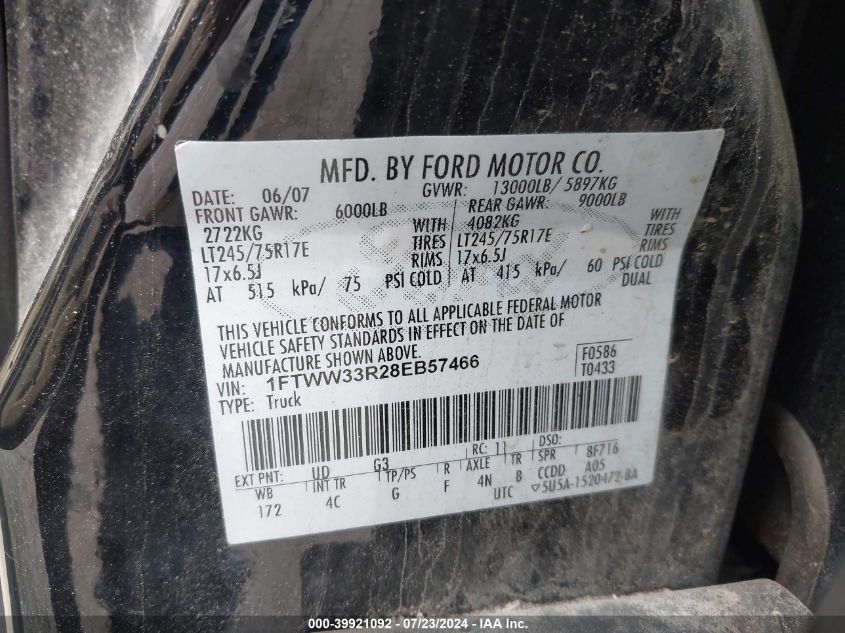 2008 Ford F-350 Lariat VIN: 1FTWW33R28EB57466 Lot: 39921092