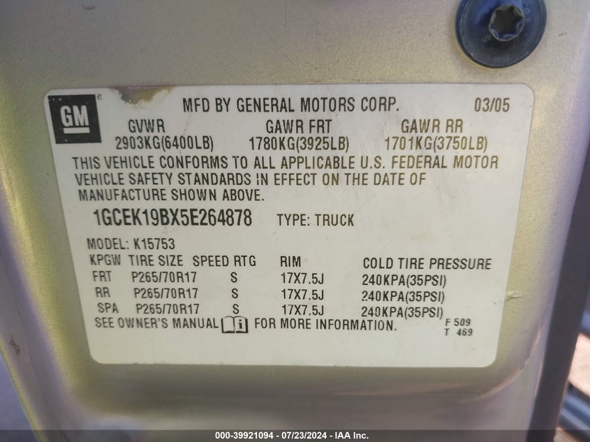 2005 Chevrolet Silverado 1500 Z71 VIN: 1GCEK19BX5E264878 Lot: 39921094