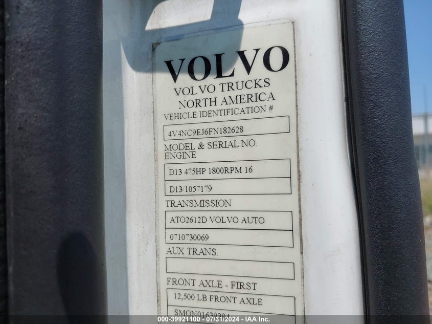 2015 Volvo Vn Vnl VIN: 4V4NC9EJ6FN182628 Lot: 39921100