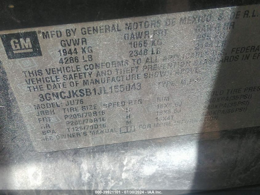 2018 Chevrolet Trax Ls VIN: 3GNCJKSB1JL155043 Lot: 39921101