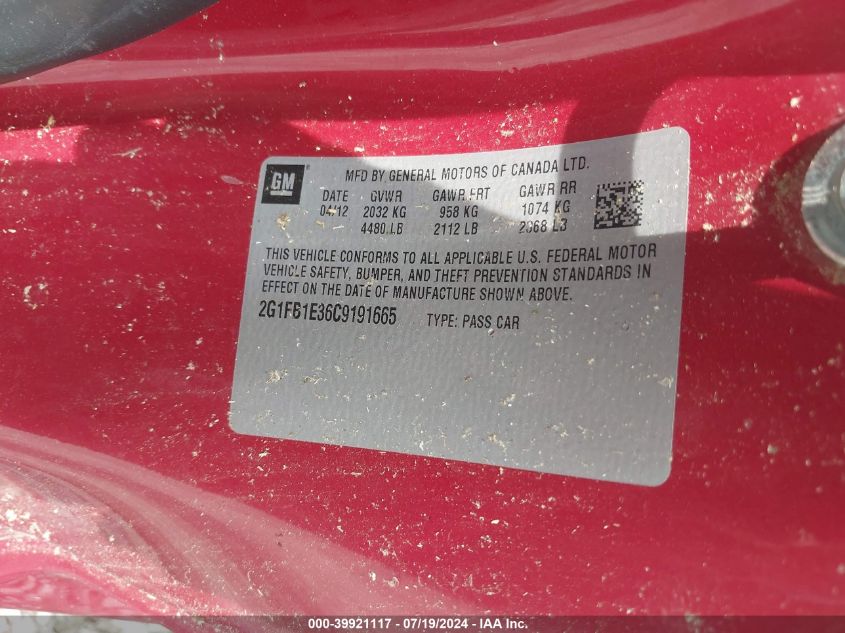 2012 Chevrolet Camaro 1Lt VIN: 2G1FB1E36C9191665 Lot: 39921117