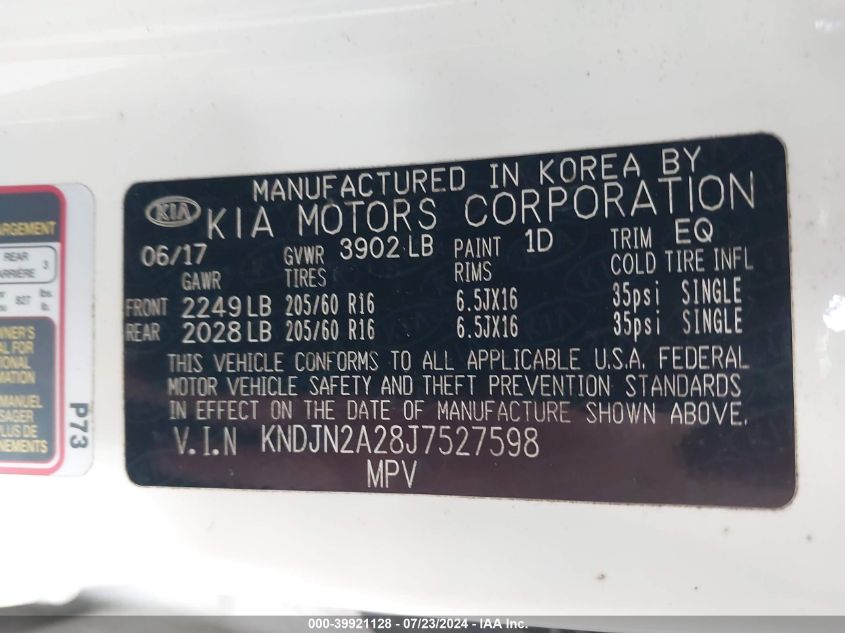 2018 Kia Soul VIN: KNDJN2A28J7527598 Lot: 39921128