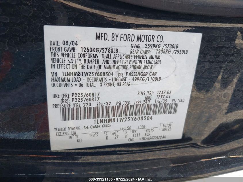 2005 Lincoln Town Car Signature VIN: 1LNHM81W25Y608504 Lot: 39921135